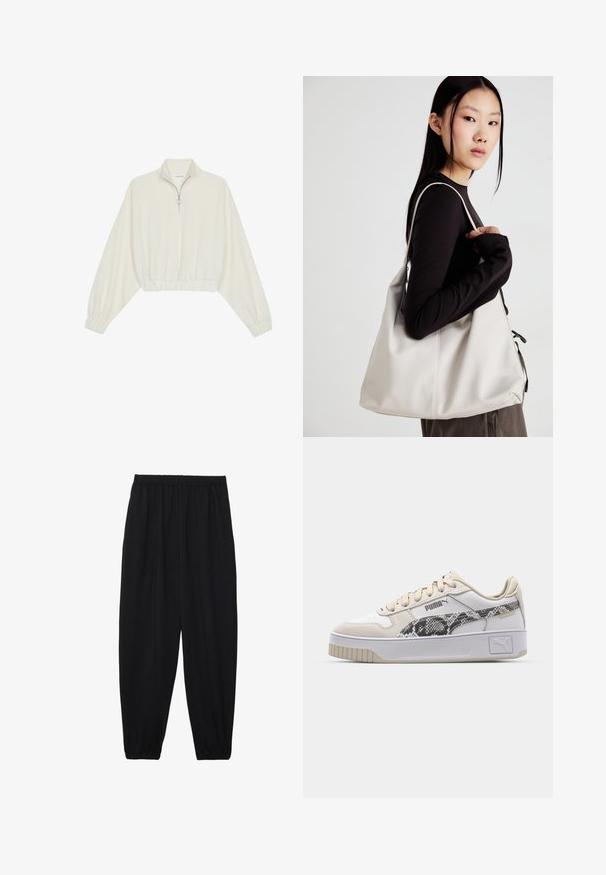 Krém színű, rövidített pulóver, magas gallérral, félig cipzáros záródással, elasztikus derék- és ujjakrésszel, sima textúrával és minimalista dizájnnal.; Fekete, könnyű nadrág elasztikus derékkal és ráncolt bokákkal. Az anyag sima és laza, szűkített dizájnnal rendelkezik.; Fehér bőr sportcipők, texturált kígyómintás díszítéssel, bézs fűzőkkel és szürke talppal. Oldalán logó található, valamint mintás részletezéssel rendelkezik.; Puha anyagból készült bézs kézitáska, laza dizájnnal, varrott részletekkel és két vállpánttal. Mindennapi használatra alkalmas.