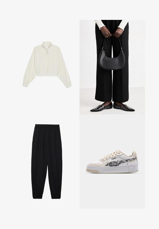 Krém színű, rövidített pulóver, magas gallérral, félig cipzáros záródással, elasztikus derék- és ujjakrésszel, sima textúrával és minimalista dizájnnal.; Fekete, könnyű nadrág elasztikus derékkal és ráncolt bokákkal. Az anyag sima és laza, szűkített dizájnnal rendelkezik.; Fehér bőr sportcipők, texturált kígyómintás díszítéssel, bézs fűzőkkel és szürke talppal. Oldalán logó található, valamint mintás részletezéssel rendelkezik.; Fekete bőr válltáska lekerekített formával, fényes felülettel és ezüst színű kiegészítőkkel. A személy fekete, bő szárú nadrágot és szegecses mokaszinokat visel.
