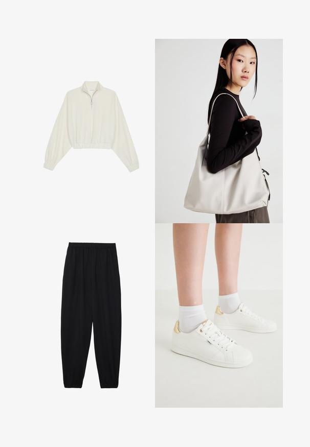 Cropped pullover in cream fabric, featuring a high collar, half-zip closure, elasticated hem and cuffs, with a smooth texture and minimal design.; Black, lightweight pants with an elastic waistband and gathered ankles. The fabric is smooth and features a relaxed, tapered design.; White sneakers with a smooth finish, featuring a gold accent at the heel, laced front, and minimalistic design. Paired with white socks.; Beige handbag made of soft material, featuring a slouchy design, stitched detailing, and two shoulder straps. Suitable for everyday use.