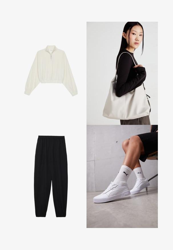 Kreptais pusītes džemperis krēmkrāsā, ar augstu apkakli, puszipa aizdari, elastīgu apakšmalu un aprocēm, ar gludu tekstūru un minimālistisku dizainu.; Melnas, vieglas bikses ar elastīgu jostu un savilktiem potītiem. Audums ir gluds un to raksturo brīva, sašaurināta forma.; Baltas sporta apavi ar gludu sintētisku augšdaļu, strukturētu zoli un teksturētām акcentiem. Uzvilkti kopā ar baltām ribotām zeķēm, kurām ir mazs logotips.; Bežs rokassoma, izgatavota no mīksta materiāla, ar brīvu dizainu, izšūtu apdari un divām plecu siksnām. Piemērota ikdienas lietošanai.