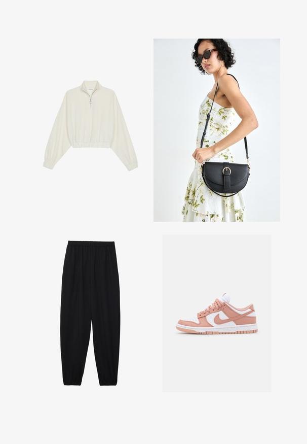 Kreemfarbenest lühikese varrukaga kudum, millel on kõrge kaelus, pool tõmblukk, elastne allosa ja varrukad, sile tekstuur ja minimaalne disain.; Mustad, kerge kangas püksid elastse vöökoha ja kokku volditud pahkluudega. Kanga pind on sile ja disain on lõdvestunud, kitsenev.; Spordijalatsid valge nahkse varbaga, heledate roosa naha aktsentidega ja tekstuuriga roosa ja valge tald. Omab paelu ja Nike logo.; Mustmust mustraha kõverate joontega, eemaldatava rihmaga ja kuldsete detailidega. Kotil on klapp, millel on pandladetail.