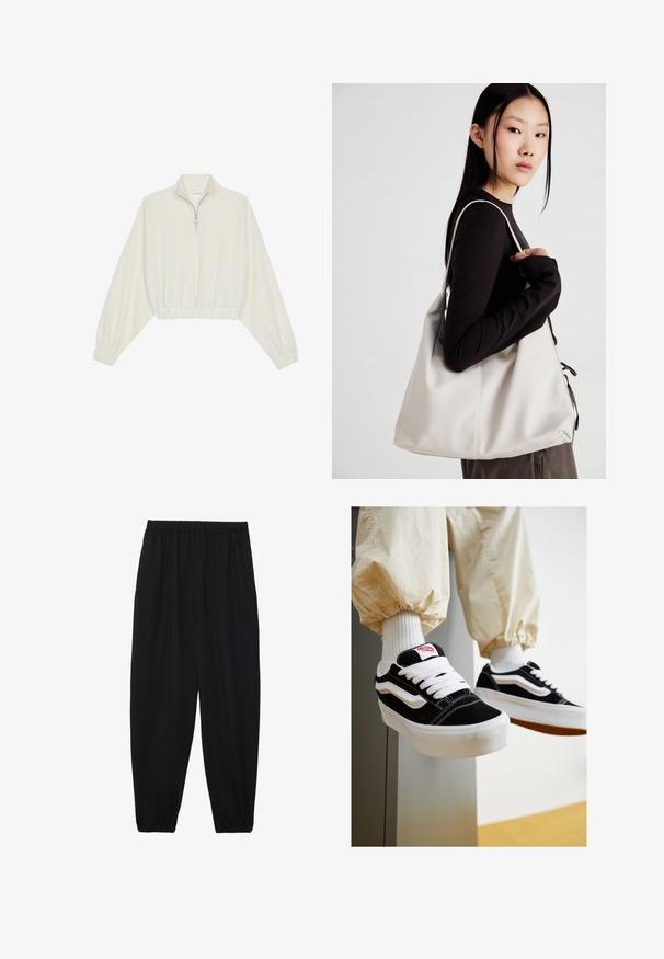 Kreminės spalvos trumpas megztinis, turintis aukštą apykaklę, pusiau užtrauktuką, elastinį apačią irRankovių kraštus, su lygiu paviršiumi ir minimalizuotu dizainu.; Juodi, lengvi kelnių su elastinga juosmens juosta ir surinktais kulkšniais. Audinys yra lygus ir turi atsipalaidavusį, siaurėjantį dizainą.; Juodos ir baltos zomšinės sportbačiai su plokščiomis baltomis raištelėmis, tekstūruotais guminiais padais ir šoniniu juostų dizainu. Dėvimi su kreminės spalvos siaurėjančiomis kelnėmis.; Bežinė rankinė, pagaminta iš minkštos medžiagos, turinti laisvą dizainą, siuvinėtas detalės ir dvi petnešos. Tinkama kasdieniam naudojimui.