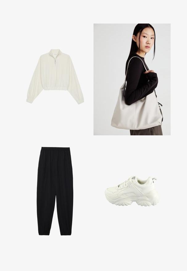 Gerippter Pullover aus cremefarbener Baumwolle mit hohem Kragen, halbem Reißverschluss, elastischen Säumen und Bündchen, glatter Textur und minimalistischem Design.; Schwarze, leichte Hosen mit einem elastischen Bund und gerafften Knöcheln. Der Stoff ist glatt und hat ein entspanntes, schmal zulaufendes Design.; Weißer Sneaker mit einem klobigen Design, glattem Synthetik-Obermaterial, gepolstertem Kragen und einer strukturierten Gummisohle mit Diamantmuster.; Beige Handtasche aus weichem Material, mit einem lässigen Design, gesteppten Details und zwei Schulterriemen. Geeignet für den täglichen Gebrauch.