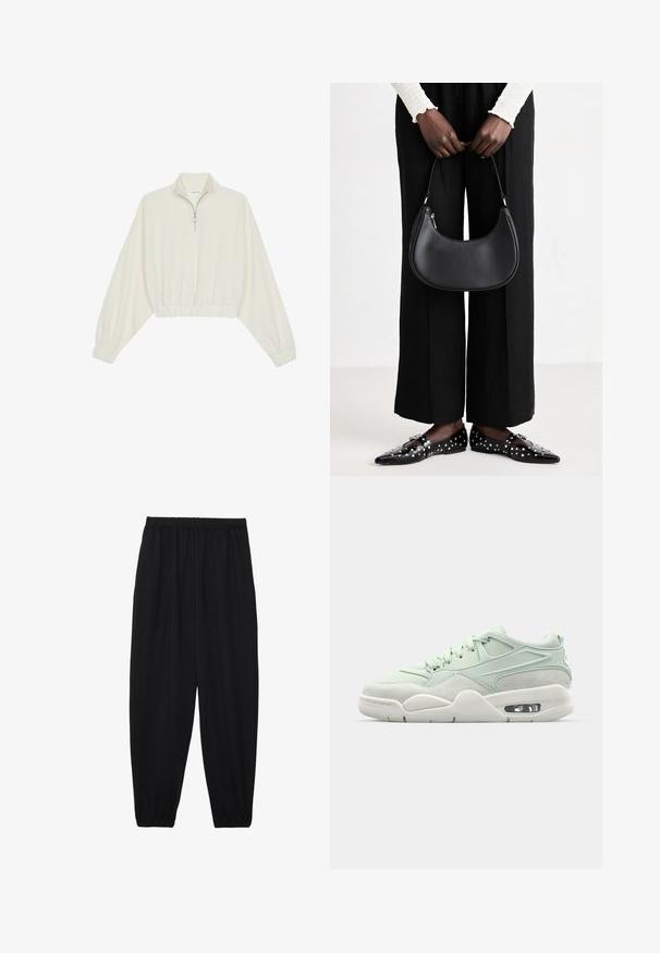 Skraćeni pulover od kremastog materijala, s visokim ovratnikom, zatvaranjem na polovicu munje, elastičnim rubom i manžetama, s glatkom teksturom i minimalnim dizajnom.; Crne, lagane hlače s elastičnom stražnjom pasicom i naboranim gležnjevima. Tkanina je glatka i ima opušteni, suženi dizajn.; Svijetlozeleni tenisice s kombinacijom glatke kože i nubuka, s podstavljenim ovratnikom, vezicama i vidljivim zračnim jastučićem u potplatu.; Crna kožna torba preko ramena zaobljenog oblika, s sjajnom završnom obradom i srebrnim hardverom. Osoba nosi crne hlače širokog kroja i loaferice sa studovima.