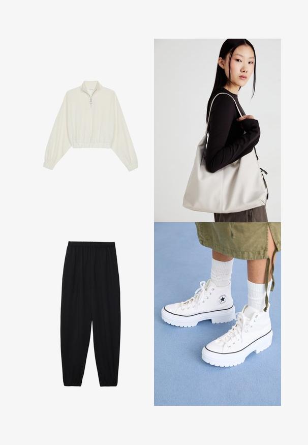 Cropped pullover in cream fabric, featuring a high collar, half-zip closure, elasticated hem and cuffs, with a smooth texture and minimal design.; Black, lightweight pants with an elastic waistband and gathered ankles. The fabric is smooth and features a relaxed, tapered design.; White high-top sneakers with a textured canvas upper, rubber toe cap, and thick white platform sole. Features black accents and eyelets.; Beige handbag made of soft material, featuring a slouchy design, stitched detailing, and two shoulder straps. Suitable for everyday use.