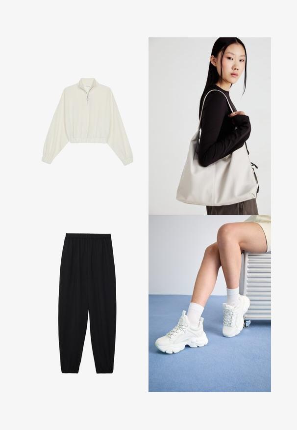 Gerippter Pullover aus cremefarbener Baumwolle mit hohem Kragen, halbem Reißverschluss, elastischen Säumen und Bündchen, glatter Textur und minimalistischem Design.; Schwarze, leichte Hosen mit einem elastischen Bund und gerafften Knöcheln. Der Stoff ist glatt und hat ein entspanntes, schmal zulaufendes Design.; Weiße Schnürsneaker mit einer dicken Sohle, aus glattem Synthetikmaterial, mit strukturierten Akzenten und einer Schlaufe an der Ferse.; Beige Handtasche aus weichem Material, mit einem lässigen Design, gesteppten Details und zwei Schulterriemen. Geeignet für den täglichen Gebrauch.