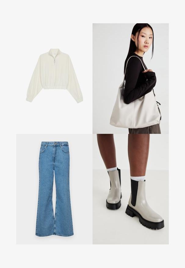 Cropped pullover in cream fabric, featuring a high collar, half-zip closure, elasticated hem and cuffs, with a smooth texture and minimal design.; Light blue flared jeans made of denim, featuring a high waist, five pockets, and a single button closure. Soft texture with faded finish.; Gray and black ankle boots with a glossy finish, elastic side panels, chunky black sole, and textured tread pattern.; Beige handbag made of soft material, featuring a slouchy design, stitched detailing, and two shoulder straps. Suitable for everyday use.