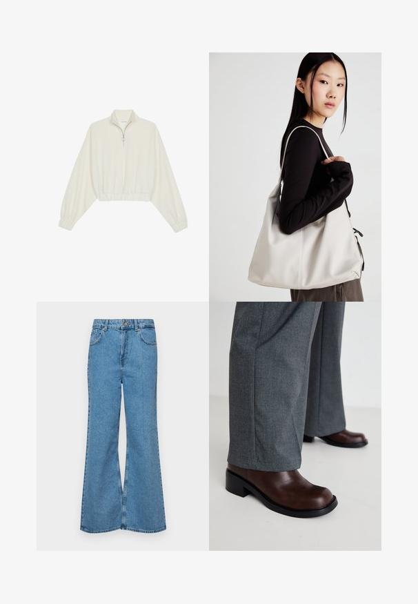 Skórzany pulower w kolorze kremowym, z wysokim kołnierzem, półzamkiem, elastycznym wykończeniem u dołu i mankietami, o gładkiej teksturze i minimalistycznym designie.; Jasnoniebieskie dzwony z denimu, z wysokim stanem, pięcioma kieszeniami i zapięciem na jeden guzik. Miękka tekstura z wyblakłym wykończeniem.; RAID TAILORR brązowy; Beżowa torebka wykonana z miękkiego materiału, charakteryzująca się luźnym fasonem, wyszywanymi detalami i dwoma uchwytami na ramię. Idealna na co dzień.