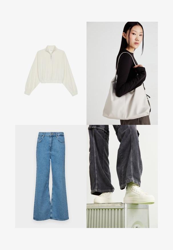 Krém színű, rövidített pulóver, magas gallérral, félig cipzáros záródással, elasztikus derék- és ujjakrésszel, sima textúrával és minimalista dizájnnal.; Világoskék, trapézszárú farmernadrág, magas derékkal, öt zsebbel és egy gombos záródással. Puha tapintású, magasított effektusú anyag.; Magas szárú, off-white vászon tornacipők gumitalppal, részletes varrásokkal és kör alakú logóval, sötétszürke, bő szárú cargo nadrággal párosítva.; Puha anyagból készült bézs kézitáska, laza dizájnnal, varrott részletekkel és két vállpánttal. Mindennapi használatra alkalmas.