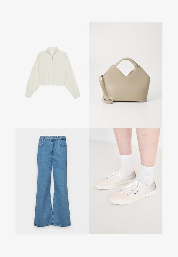 Pullover curto em tecido creme, apresentando um colarinho alto, fecho de meio zíper, bainha e punhos elásticos, com uma textura suave e design minimalista.; Jeans de brim azuis claros, com corte à boca de sino, apresentando uma cintura alta, cinco bolsos e um fecho de botão único. Textura macia com acabamento desbotado.; Sapatilhas de lona de cor clara com atacadores brancos, apresentando detalhes em rosa e bege, uma sola de borracha branca e um logótipo na lateral.; Bolsa estruturada bege com um topo em forma de V, material de couro liso, alças curtas e uma alça longa ajustável. Design minimalista.