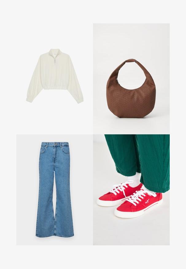 Cropped pullover in cream fabric, featuring a high collar, half-zip closure, elasticated hem and cuffs, with a smooth texture and minimal design.; Light blue flared jeans made of denim, featuring a high waist, five pockets, and a single button closure. Soft texture with faded finish.; Red canvas sneakers with white laces, featuring a white rubber sole and striped accents on the side. Worn with green textured pants and white socks.; Brown woven handbag with a rounded shape, featuring a single, padded handle and a textured surface. No visible hardware or accents.