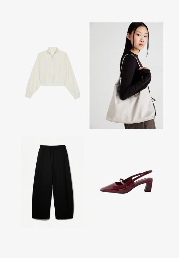 Skórzany pulower w kolorze kremowym, z wysokim kołnierzem, półzamkiem, elastycznym wykończeniem u dołu i mankietami, o gładkiej teksturze i minimalistycznym designie.; Czarne spodnie typu wide-leg z elastycznym paskiem w talii i sznureczkiem. Miękka tkanina o gładkiej teksturze. Prosty krój z bocznymi szwami.; Next REGULAR FIT czerwony; Beżowa torebka wykonana z miękkiego materiału, charakteryzująca się luźnym fasonem, wyszywanymi detalami i dwoma uchwytami na ramię. Idealna na co dzień.