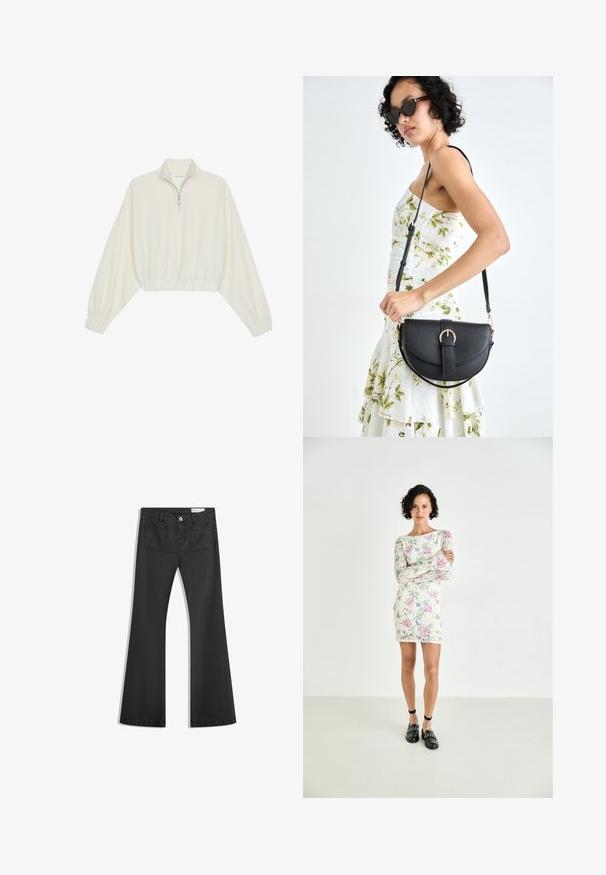 Geknipt pullover in crèmekleurige stof, met een hoge kraag, halve rits, elastische zoom en manchetten, met een soepele textuur en minimalistisch ontwerp.; Zwarte flared jeans van denim met een gladde textuur, voorzien van twee achterzakken en een knoopsluiting bij de taille.; Bloemenkant mini-jurk met lange mouwen, met roze en blauwe patronen op een crèmekleurige achtergrond. Zwarte loafers met studs en enkelbandjes.; Zwarte leren handtas met een gebogen vorm, afneembare schouderband en gouden hardware. De tas heeft een klep met een gespsluiting.