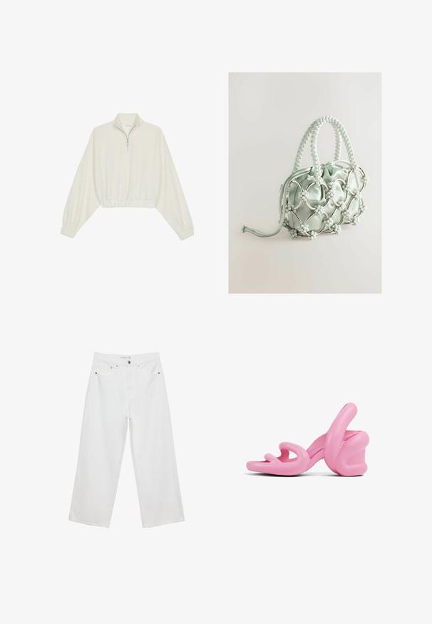 Avkortad tröja i krämfärgad tyg, med hög krage, halvdragkedja, elastisk nederkant och ärmar, med en slät yta och minimalistisk design.; Vita vida jeans i denim med hög midja, med fem fickor och metalldetaljer. Slät textur, inga synliga mönster.; Rosa skulpturala högklackade sandaler med en vågig design och en kraftig klack, gjorda av slät plast med utskärningar i tårområdet.; Next Handväska - blue