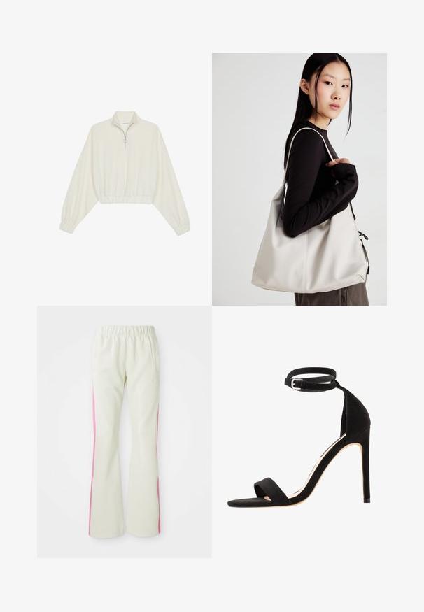 Kreemfarbenest lühikese varrukaga kudum, millel on kõrge kaelus, pool tõmblukk, elastne allosa ja varrukad, sile tekstuur ja minimaalne disain.; Heledad beežid püksid elastse vöökoha ja roosade külgmiste paneelidega, mis sisaldavad küljetaskuid. Sile tekstuur ja sirge lõige.; Mustad nahast kõrged kontsad, millel on lihtne rihma disain, avatud varvas ja pahkluu rihm, millel on hõbedane pannal.; Bež käekott pehme materjali, millel on lõtv disain, õmblustega detailid ja kaks õlarihma. Sobib igapäevaseks kasutamiseks.