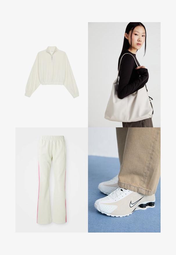 Pullover curto em tecido creme, apresentando um colarinho alto, fecho de meio zíper, bainha e punhos elásticos, com uma textura suave e design minimalista.; Calças bege claras com uma cintura elástica, apresentando painéis laterais cor-de-rosa e bolsos laterais. Textura suave com um design de perna reta.; Tênis Nike brancos e bege com design perfurado, logotipo Swoosh preto, parte superior texturizada e um distintivo calcanhar preto com mola.; Uma bolsa bege feita de material macio, com um design descontraído, detalhes de costura e duas alças para o ombro. Adequada para uso diário.