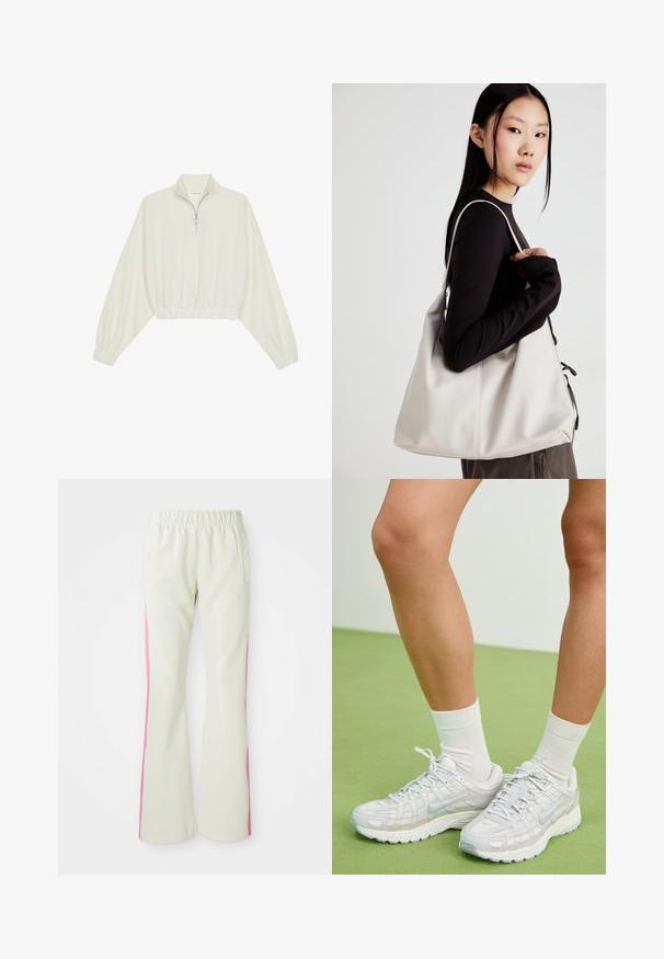 Cropped pullover in cream fabric, featuring a high collar, half-zip closure, elasticated hem and cuffs, with a smooth texture and minimal design.; Light beige pants with an elastic waistband, featuring pink side panels and side pockets. Smooth texture with a straight-leg design.; White Nike sneakers feature a textured mesh upper, reflective accents, and a cushioned sole. Paired with white socks, set against green flooring.; Beige handbag made of soft material, featuring a slouchy design, stitched detailing, and two shoulder straps. Suitable for everyday use.