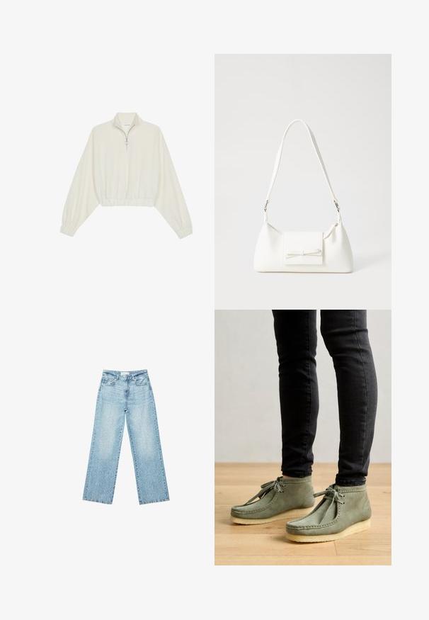 Avkortad tröja i krämfärgad tyg, med hög krage, halvdragkedja, elastisk nederkant och ärmar, med en slät yta och minimalistisk design.; Ljusblå denim byxor med vida ben och hög midja, med en blekt tvätt och små, utspridda slitna detaljer genom hela plagget.; Suedes gröna ankelstövlar med mjuk sula, med snörningsdesign och sydda detaljer längs kanterna. Bärs med svarta jeans.; Vit syntetisk handväska med triangulär form, platt framklaff och rosettdetalj, justerbar rem, slät textur och minimalistisk design.