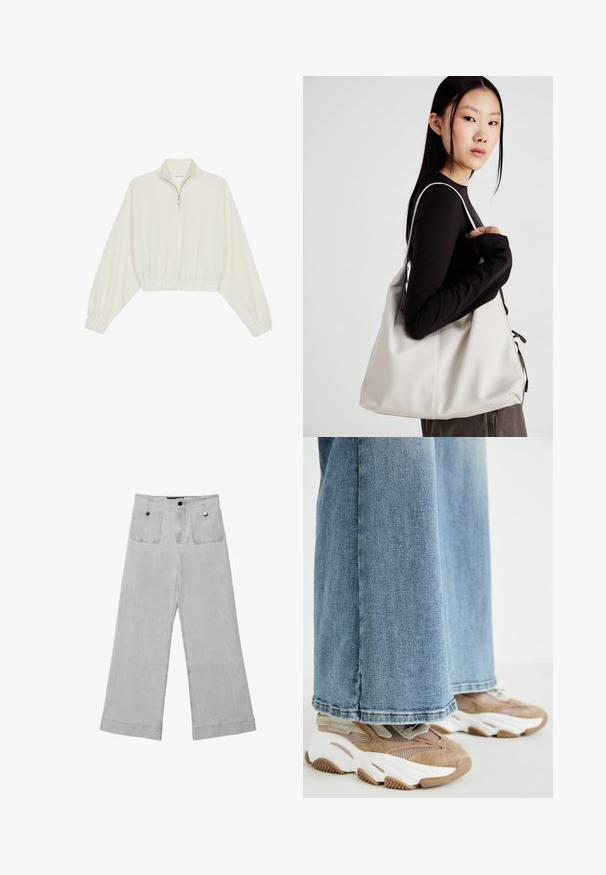 Lyhyt kerrosvaate vaaleasta kankaasta, jossa on korkea kaulus, puolivetoketjukiinnitys, joustavat helma ja hihansuut, tasainen pinta ja minimalistinen muotoilu.; Valkoiset leveälahkeiset housut vaaleasta farkkukankaasta, joissa on kaksi etutaskua, metallinappisulkemisia ja siisti viimeistely, jossa on kantatut reunat.; Steve Madden POSSESSIONE - Matalavartiset tennarit - oatmeal; Beige laukku, joka on valmistettu pehmeästä materiaalista, ja siinä on rento muotoilu, ommeltu yksityiskohtia ja kaksi olkahihnaa. Sopii päivittäiseen käyttöön.