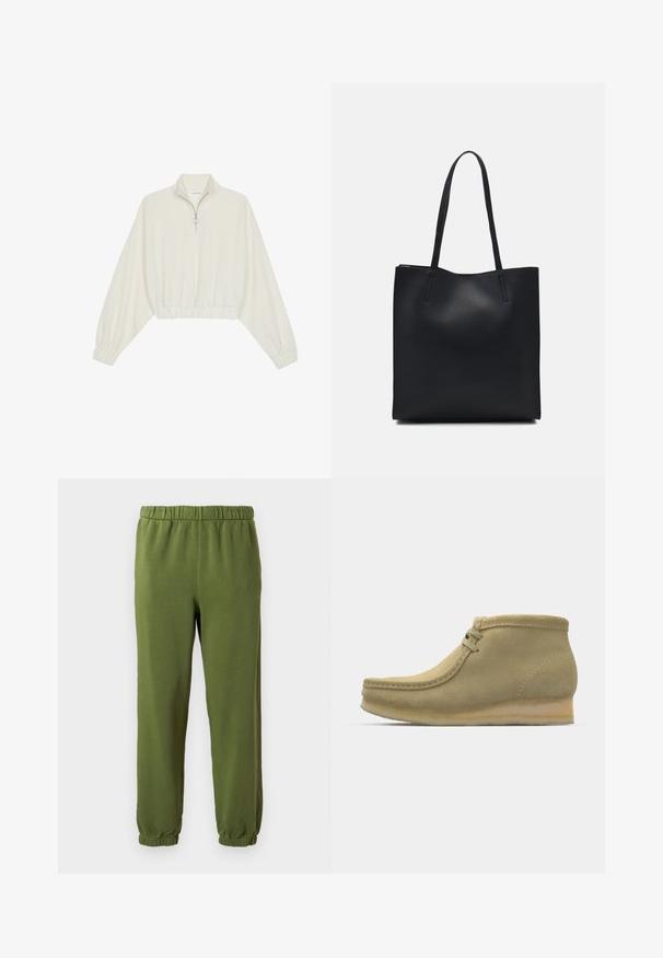 Krém színű, rövidített pulóver, magas gallérral, félig cipzáros záródással, elasztikus derék- és ujjakrésszel, sima textúrával és minimalista dizájnnal.; Zöld melegítőnadrág puha szövetből. Rugalmas derékpánt és mandzsetta. Egyenes lábbal rendelkezik, minta vagy látható fém alkatrész nélkül.; Beige velúr bokacsizmák lekerekített orral, minimális varrással, kis sarkukkal és állítható méretű fűzős záródással.; Fekete bőrtáska sima felszínnel, téglalap alakú, két hosszú füllel. Nincs látható fémkiegészítő vagy díszítés.