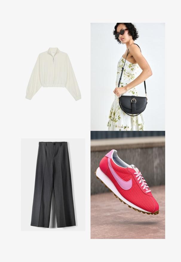 Pulover scurt din stofă crem, cu guler înalt, închidere cu fermoar pe jumătate, elastic la margini și la manșete, cu o textură netedă și un design minimalist.; Pantaloni evazați din țesătură gri închis, cu închidere cu buton, pliseuri frontale și curea. Textură netedă cu un design ajustat.; Sneaker tricotat de un roz viu și roșu, cu logo și șireturi de un roz deschis, talpă albă și ștanță maro, plutind deasupra unei suprafețe de beton.; Geantă din piele neagră, cu o formă curbată, curea detașabilă și accesorii aurii. Geanta are un capac cu un detaliu tip cataramă.