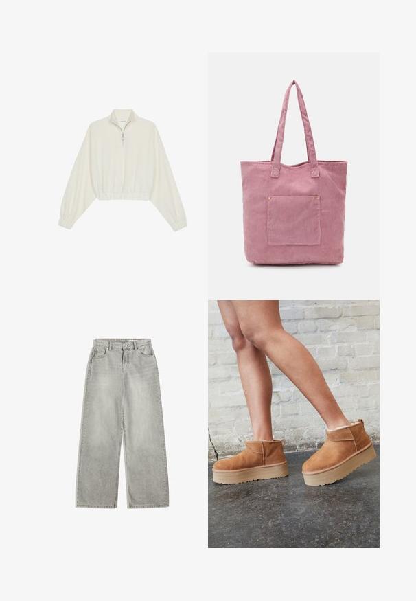 Zkrátený pulover z krémového materiálu, s vysokým golierom, polovičným zipsom, elastickým lemom a manžetami, s hladkou textúrou a minimalistickým dizajnom.; Světle šedé široké džíny s vysokým pasem, pěti kapsami, zipem a jemným vyblednutím. Vyrobené z džínoviny s hladkou texturou.; Hnedé semišové kotníkové čižmy s mäkkou podšívkou, hrubou béžovou platformou a zadným pútkom na obutie. Textúrovaný povrch s viditeľnými švami.; Ružová kordurová taška s dvoma dlhými uchami, obsahujúca predné vrecko a jemnú ryhovanú textúru. Hladký interiér.