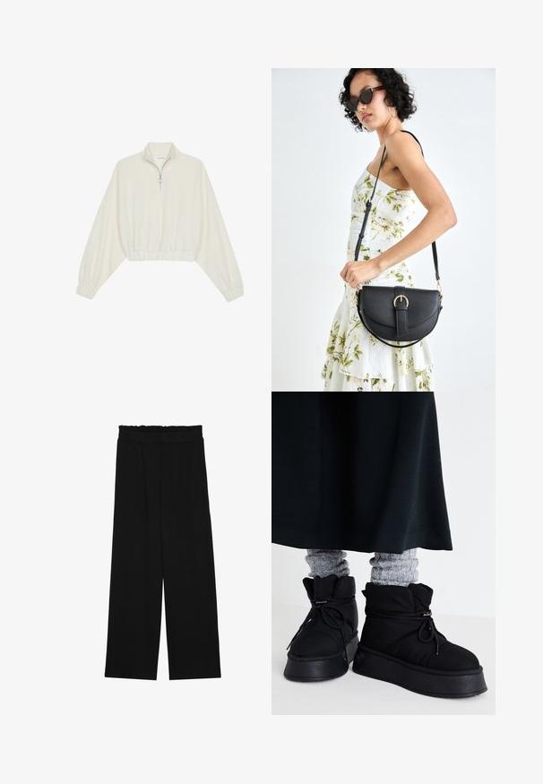 Kratka pulover v kremnem blagu, z visokim ovratnikom, pol-zadrgo, elastičnim robom in manšetami, z gladko teksturo in minimalističnim oblikovanjem.; Črne široke hlače s nabranim pasom, ki imajo dva stranska žepa in so izdelane iz gladkega, lahkega blaga. Brez vidnih vzorcev ali kovinskega okova.; Črne puhaste gležnjarje s ravnimi podplati, vezalkami in poudarjenim šivanjem. K negi so srebrne rebraste nogavice, ki pokukajo ven, oblečene z temno krilom.; Črna usnjena torbica s ukrivljeno obliko, z odstranljivo naramnico in zlatimi dodatki. Torbica ima pokrov s podrobnostmi v obliki zaponke.