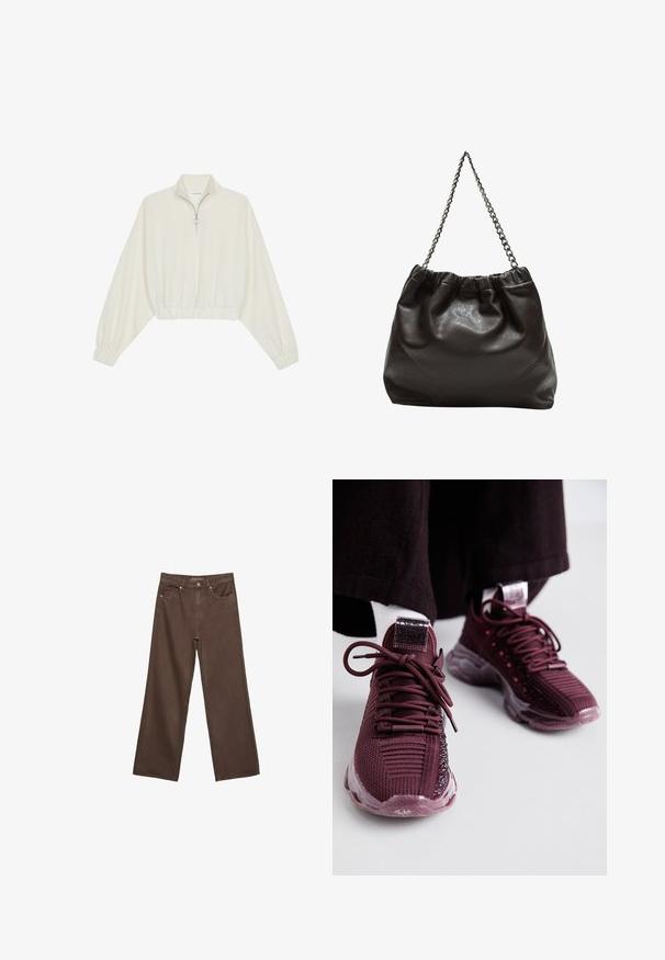 Kort striktrøje i cremefarvet stof med høj krave, halvlynlås, elastisk kant og manchetter, glat tekstur og minimalistisk design.; Bredde ben brun denim jeans med høj talje, forlommer og klassisk knaplukning. Glat tekstur med diskret syninger.; Burgunderfarvede sportssko med mesh-overdel, struktureret detaljering, runde snørebånd og klar gummisål; har et logo på tungen og hælen.; Brun lædertaske med en rynket top og en kædestrop. Glat tekstur med en blank finish og subtile sømdetaljer på siderne.