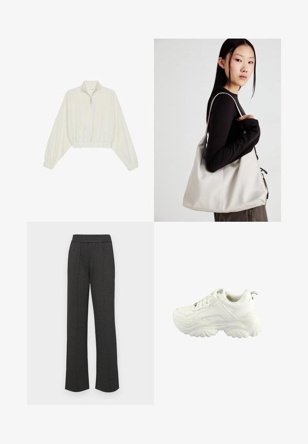 Zkrátený pulover z krémového materiálu, s vysokým golierom, polovičným zipsom, elastickým lemom a manžetami, s hladkou textúrou a minimalistickým dizajnom.; Čierne nohavice s rovnými nohavicami a elastickým pásom, s prednými záhybmi, z mäkkej látky, bez viditeľných vzorov alebo kovových detailov.; Biely teniska s robustným dizajnom, hladkým syntetickým zvrškom, polstrovaným golierom a textúrovanou gumovou podrážkou s diamantovým vzorom.; Béžová kabelka vyrobená z mäkkého materiálu, s uvoľneným dizajnom, prišitými detailmi a dvoma popruhmi na nosenie na pleciach. Vhodná na každodenné nosenie.