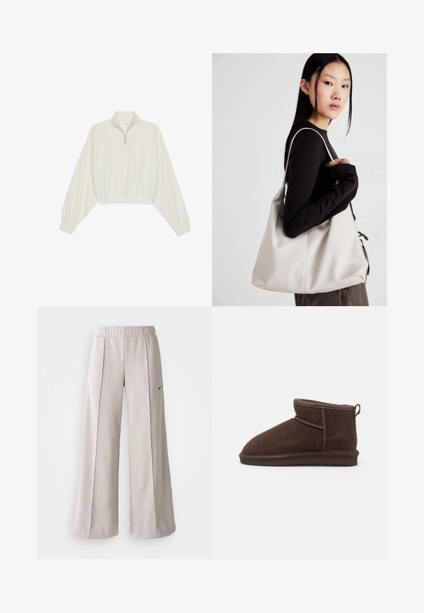 Krém színű, rövidített pulóver, magas gallérral, félig cipzáros záródással, elasztikus derék- és ujjakrésszel, sima textúrával és minimalista dizájnnal.; Világosszürke, bő szabású nadrág sima anyagból. Gumírozott derékrésszel és fekete Nike logóval a bal oldalon.; Bianco BIASNOW - Bokacsizmák - dark brown; Puha anyagból készült bézs kézitáska, laza dizájnnal, varrott részletekkel és két vállpánttal. Mindennapi használatra alkalmas.