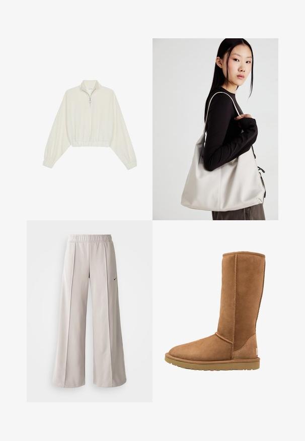 Pullover accorciato in tessuto crema, con colletto alto, chiusura a zip parziale, orlo e polsini elasticizzati, dalla texture liscia e design minimal.; Pantaloni ampi grigio chiaro realizzati in tessuto liscio. Presentano una vita elastica e il logo Nike nero sul lato sinistro.; Stivale alto in suede color beige con punta arrotondata e dettagli di cucitura discreti. La suola in gomma offre aderenza, progettato per comfort e calore.; Borsa a mano beige realizzata in materiale morbido, caratterizzata da un design morbido, dettagli cuciti e due manici. Adatta per l'uso quotidiano.