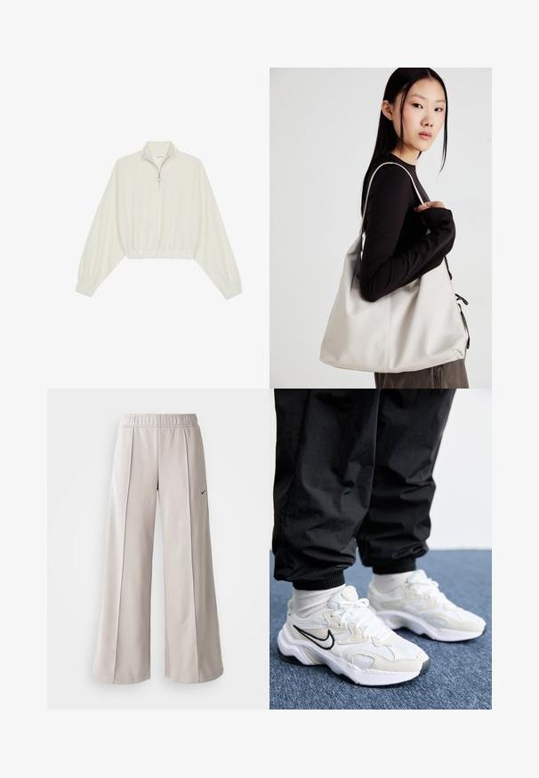 Gerippter Pullover aus cremefarbener Baumwolle mit hohem Kragen, halbem Reißverschluss, elastischen Säumen und Bündchen, glatter Textur und minimalistischem Design.; Helle graue, weit geschnittene Hose aus glattem Stoff. Mit einem elastischen Bund und dem schwarzen Nike-Logo auf der linken Seite.; Weiße und hellgraue SportSneaker mit einer strukturierten Oberseite, dicke Sohle und schwarzem Swoosh-Logo. Getragen mit schwarzen Jogginghosen und weißen Socken.; Beige Handtasche aus weichem Material, mit einem lässigen Design, gesteppten Details und zwei Schulterriemen. Geeignet für den täglichen Gebrauch.