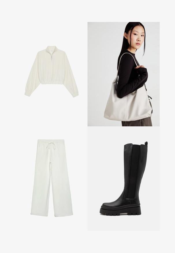 Lyhyt kerrosvaate vaaleasta kankaasta, jossa on korkea kaulus, puolivetoketjukiinnitys, joustavat helma ja hihansuut, tasainen pinta ja minimalistinen muotoilu.; Valkoiset leveälahkeiset housut pehmeästä kankaasta. Varustettu joustavalla vyötäröllä ja nyörillä sekä sileällä pinnalla. Ei näkyviä kuvioita tai tarvikkeita.; Mustat polvipituiset saappaat, jotka on valmistettu sileästä nahasta ja joissa on joustavat sivupaneelit, paksu pohja sekä uritettu pinta pohjassa.; Beige laukku, joka on valmistettu pehmeästä materiaalista, ja siinä on rento muotoilu, ommeltu yksityiskohtia ja kaksi olkahihnaa. Sopii päivittäiseen käyttöön.