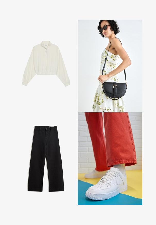 Zkrátený pulover z krémového materiálu, s vysokým golierom, polovičným zipsom, elastickým lemom a manžetami, s hladkou textúrou a minimalistickým dizajnom.; Čierne denimové nohavice s širokými nohavicami a vysokým pásom, so prednými a zadnými vreckami, šitými švami a zapínaním na gombík. Hladká textúra.; Biele kožené tenisky s perforovanou špičkou, textúrovanou podrážkou a bielymi šnúrkami, spárované so širokými červenými nohavicami na modrom a žltom pozadí.; Čierna kožená kabelka s zaobleným tvarom, odnímateľným popruhom a zlatými doplnkami. Kabelka má klopu s detailom s prackou.