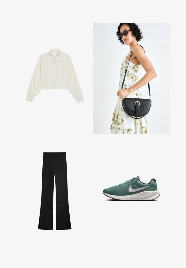 Pulover scurt din stofă crem, cu guler înalt, închidere cu fermoar pe jumătate, elastic la margini și la manșete, cu o textură netedă și un design minimalist.; Pantaloni negri cu un design evazat, având un talie înaltă și slits laterale pentru o mișcare ușoară. Fabricat dintr-un material neted și elastic.; Adidași de alergare verzi din plasă cu o talpă albă și neagră. Au un logo Nike de culoare violet deschis și un material texturat pentru respirabilitate.; Geantă din piele neagră, cu o formă curbată, curea detașabilă și accesorii aurii. Geanta are un capac cu un detaliu tip cataramă.