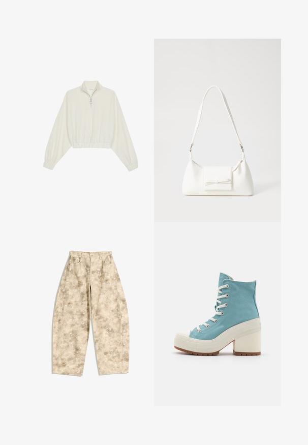 Skraćeni pulover od kremastog materijala, s visokim ovratnikom, zatvaranjem na polovicu munje, elastičnim rubom i manžetama, s glatkom teksturom i minimalnim dizajnom.; Bež i smeđe hlače širokih nogavica s visokim strukom, sa dva prednja džepa i kopčanjem na dugme. Teksturirana tkanina.; Svijetloplave kanvas visoke tenisice s bijelim vezicama, gumastim kapom prsta i debelim bijelim petom. Tekstura đona za bolju prianjanje.; Bijela sintetička torbica s trokutastim oblikom, ravnim prednjim poklopcem i detaljem u obliku mašne, podesivom remenom, glatkom teksturom i minimalističkim dizajnom.
