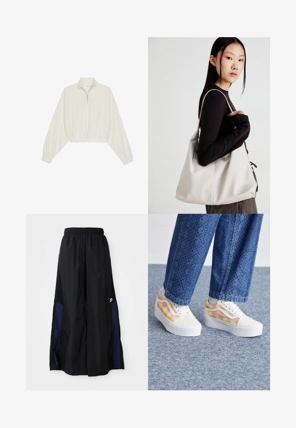 Kreemfarbenest lühikese varrukaga kudum, millel on kõrge kaelus, pool tõmblukk, elastne allosa ja varrukad, sile tekstuur ja minimaalne disain.; Mustad laiad mustad püksid kergest kangast, millel on tumesinine külgpaneel ja elastne vöökoht. Väike valge logo allservas.; Platvormi tennisjalad valge kangast varbaga, mitmevärviline ruuduline muster roosa ja kollase värviga ning valged kummitaldad. Textuursed teksapüksid.; Bež käekott pehme materjali, millel on lõtv disain, õmblustega detailid ja kaks õlarihma. Sobib igapäevaseks kasutamiseks.