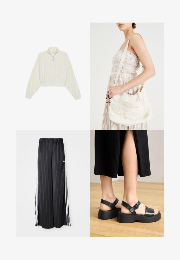 Zkrácený svetr z krémové látky, který má vysoký límec, poloviční zip, elastický spodní lem a manžety, hladkou texturu a minimalistický design.; Černé široké kalhoty s vertikálními bílými pruhy, elastický pas a tři bílé pruhy po straně. Logo Adidas na přední straně.; Černé kožené platformové sandály s nastavitelnými pásky na kotníku a širokými předními pásky, s texturovanou podešví a minimalistickým designem.; Bílá textilní taška přes rameno se shromážděnou texturou, nastavitelným popruhem a stříbrným kováním. Vyložená vedle krémových šatů.