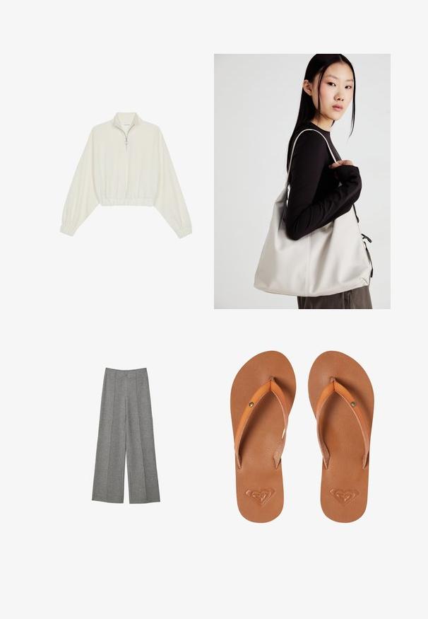 Pullover court en tissu crème, avec un col haut, fermeture éclair à mi-hauteur, ourlet et poignets élastiqués, offrant une texture lisse et un design minimaliste.; Pantalons gris à jambe large en tissu texturé. Présente des plis sur le devant, une ceinture et aucun fermoir visible.; Tongs synthétiques marron avec des sangles orange, surface texturée et détail de logo en forme de cœur embossé sur la semelle.; Sac à main beige en matériau souple, avec un design décontracté, des détails cousus et deux poignées. Idéal pour un usage quotidien.