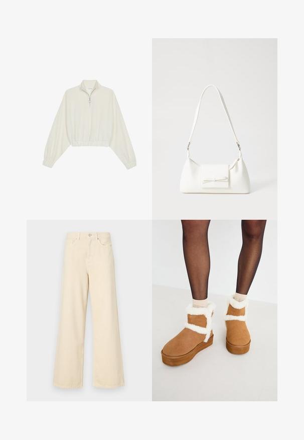 Cropped pullover in cream fabric, featuring a high collar, half-zip closure, elasticated hem and cuffs, with a smooth texture and minimal design.; Beige wide-leg jeans made of cotton. Features a button closure, belt loops, and front pockets with a smooth, soft texture.; Brown suede ankle boots with white faux fur trim and platform sole, featuring a cross-strap design. Smooth texture and rounded toe.; White synthetic handbag with a triangular shape, flat front flap and bow detail, adjustable strap, smooth texture, and minimalistic design.