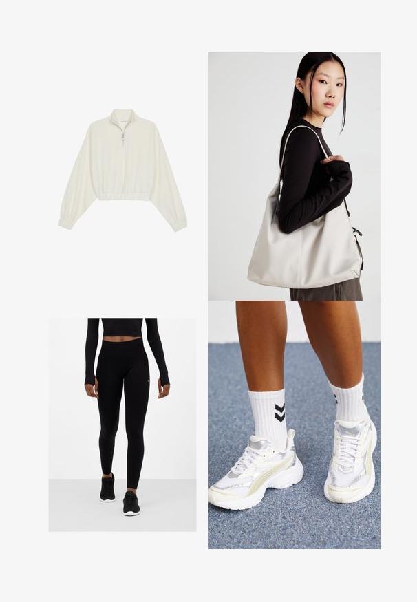 Zkrátený pulover z krémového materiálu, s vysokým golierom, polovičným zipsom, elastickým lemom a manžetami, s hladkou textúrou a minimalistickým dizajnom.; Čierne legíny s vysokým pásom, textúrovaná látka a priliehavý strih, v kombinácii s čiernymi športovými topánkami. Horná časť tela je čiastočne zakrytá crop topom.; Biele tenisky so striebornými akcentmi, z sieťovinového materiálu a s robustným dizajnom. V kombinácii s bielymi ponožkami s čiernymi chevron vzormi.; Béžová kabelka vyrobená z mäkkého materiálu, s uvoľneným dizajnom, prišitými detailmi a dvoma popruhmi na nosenie na pleciach. Vhodná na každodenné nosenie.