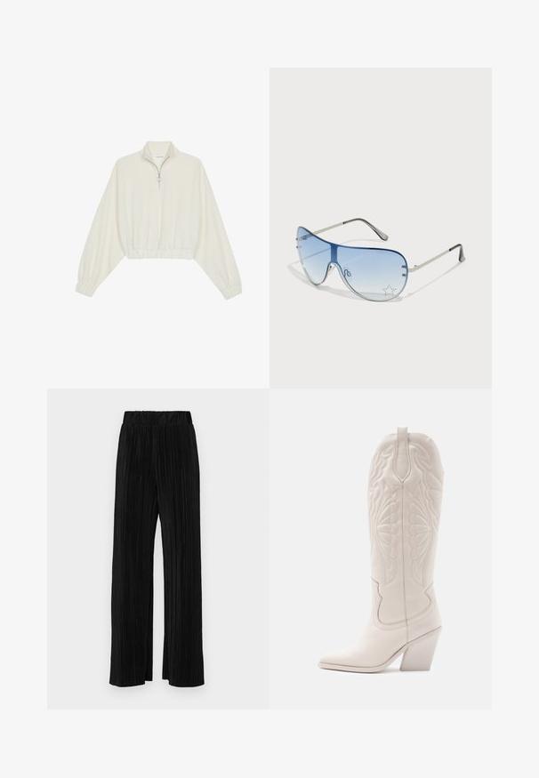 Kreemfarbenest lühikese varrukaga kudum, millel on kõrge kaelus, pool tõmblukk, elastne allosa ja varrukad, sile tekstuur ja minimaalne disain.; Mustad pleekitud püksid elastse vöökohtaga. Omavad laiad jalad ja sujuvat, tekstureeritud kangast vertikaalsete triipudega.; Valge nahast cowboy-s выпiş с заостреным varvastega ja plokknäheeliga. Omab keerukaid tikandimustreid varreosas ja siledat tekstuuri.; Aviatori prillid, millel on gradient sinine objektiiv, hõbedane metallraam ja dekoratiivsed staaraktsendid objektiivil. Sujuv ja stiilne disain.