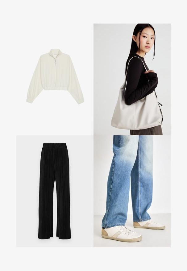 Lyhyt kerrosvaate vaaleasta kankaasta, jossa on korkea kaulus, puolivetoketjukiinnitys, joustavat helma ja hihansuut, tasainen pinta ja minimalistinen muotoilu.; Mustat pleatatut housut, joissa on joustava vyötärö. Ominaisuuksiin kuuluvat leveät lahkeet ja sileä, teksturoitu kangas, jossa on pystysuoria raitoja.; Valkoiset tennarit, joissa on beigeitä yksityiskohtia ja teksturoitu pinta, yhdistettynä vaaleansinisiin, hieman kuluneisiin farkkuihin, rentoistuva malli.; Beige laukku, joka on valmistettu pehmeästä materiaalista, ja siinä on rento muotoilu, ommeltu yksityiskohtia ja kaksi olkahihnaa. Sopii päivittäiseen käyttöön.