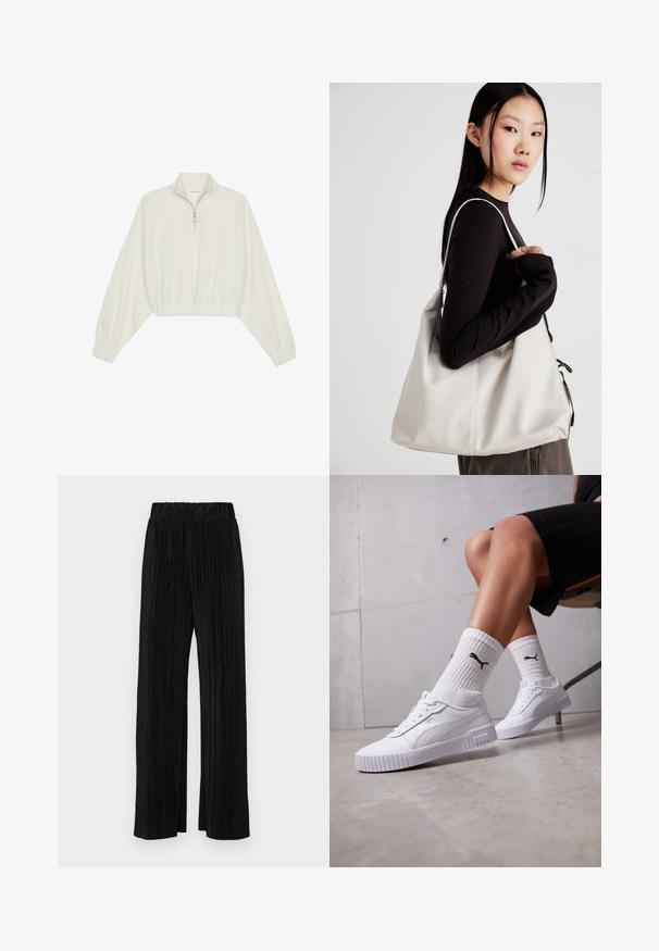 Zkrátený pulover z krémového materiálu, s vysokým golierom, polovičným zipsom, elastickým lemom a manžetami, s hladkou textúrou a minimalistickým dizajnom.; Čierne plisované nohavice s elastickým pásom. Majú široké nohavice a hladkú, textúrovanú látku s vertikálnymi pruhmi.; Biele tenisky s hladkým syntetickým zvrškom, štruktúrovanou podrážkou a textúrovanými akcentmi. Nosené s bielymi rebrovými ponožkami so malým logom.; Béžová kabelka vyrobená z mäkkého materiálu, s uvoľneným dizajnom, prišitými detailmi a dvoma popruhmi na nosenie na pleciach. Vhodná na každodenné nosenie.