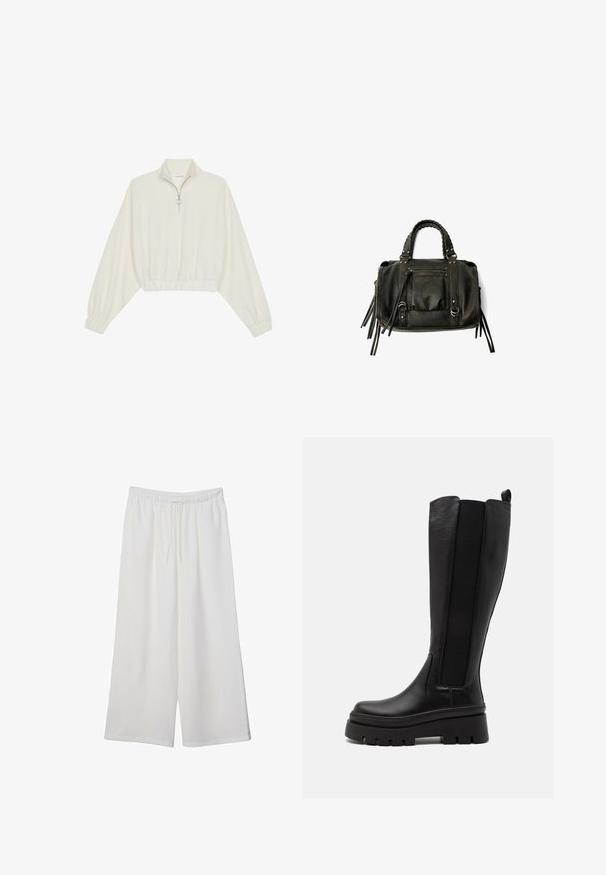 Cropped pullover in cream fabric, featuring a high collar, half-zip closure, elasticated hem and cuffs, with a smooth texture and minimal design.; White wide-leg trousers made of lightweight fabric, featuring an elastic waistband and a drawstring for adjustable fit. Smooth texture.; Black knee-high boot made of smooth leather with elastic side panels, chunky platform sole, and ribbed texture on the base.; Black leather handbag with braided handles, zipper pocket, and hanging tassels. Textured surface with metal studs and hardware accents.