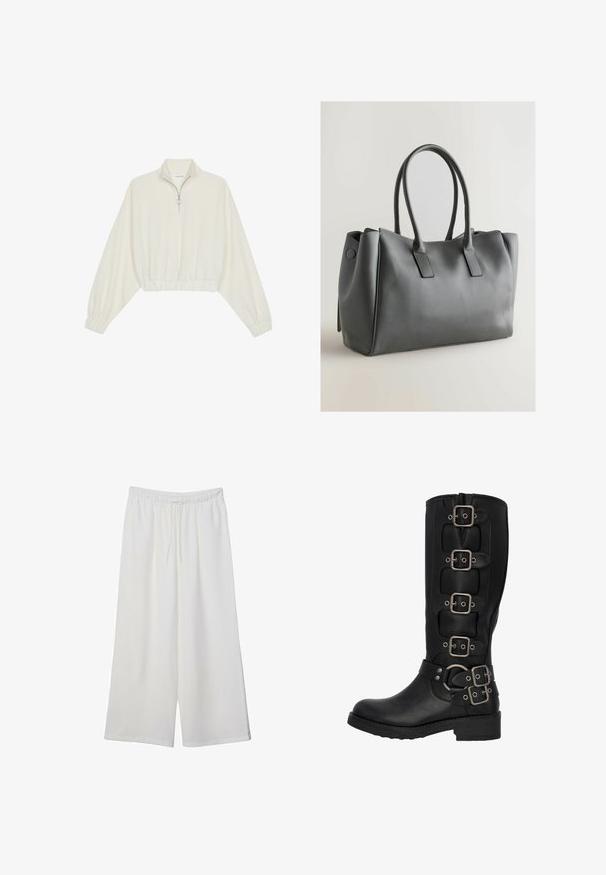 Skórzany pulower w kolorze kremowym, z wysokim kołnierzem, półzamkiem, elastycznym wykończeniem u dołu i mankietami, o gładkiej teksturze i minimalistycznym designie.; Białe szerokie spodnie wykonane z lekkiego materiału, z elastyczną talią i sznurkiem do regulacji fasonu. Gładka tekstura.; Wysokie czarne skórzane buty z zaokrąglonym nosem, z wieloma srebrnymi klamrami i paskami po zewnętrznej stronie. Gruba gumowa podeszwa.; Szara skórzana torebka na ramię z podwójnymi uchwytami, prostokątny kształt, gładka faktura i minimalistyczny design. Posiada płaskie panele boczne i subtelne przeszycia.