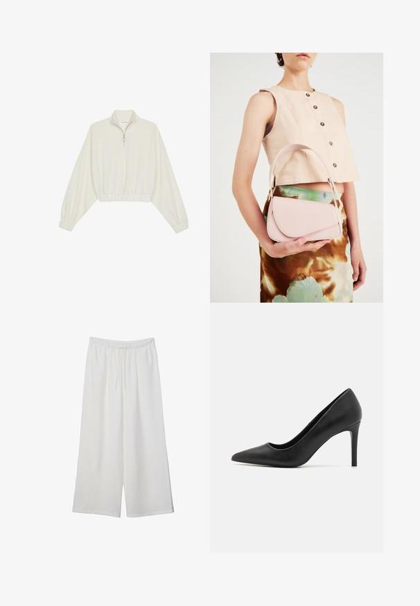 Pullover accorciato in tessuto crema, con colletto alto, chiusura a zip parziale, orlo e polsini elasticizzati, dalla texture liscia e design minimal.; Pantaloni bianchi a gamba larga realizzati in tessuto leggero, dotati di una vita elastica e di un cordino per una vestibilità regolabile. Texture liscia.; Pump nera con tacco alto e punta appuntita, realizzata in pelle liscia, caratterizzata da un design elegante e un tacco cilindrico sottile.; Borsa in pelle rosa con pattina curva, tracolla singola e linee pulite. La borsa presenta una texture liscia e un design minimalista.