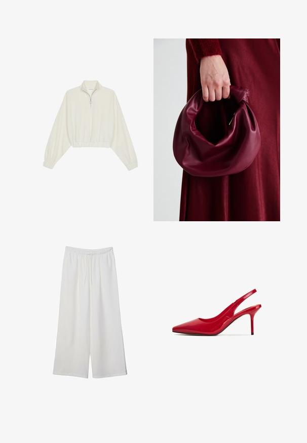 Zkrácený svetr z krémové látky, který má vysoký límec, poloviční zip, elastický spodní lem a manžety, hladkou texturu a minimalistický design.; Bílé kalhoty s širokými nohavicemi vyrobené z lehké tkaniny, s elastickým pasem a stahovací šňůrkou pro nastavitelnou velikost. Hladká textura.; Červené lakované slingback lodičky s špičatou špičkou a štíhlým podpatkem. Design se vyznačuje hladkým povrchem a minimalistickou siluetou.; Burgundská kožená kabelka s měkkým, nabíraným designem a zaobleným tvarem. Ucho je zajištěné a vykazuje hladkou texturu.