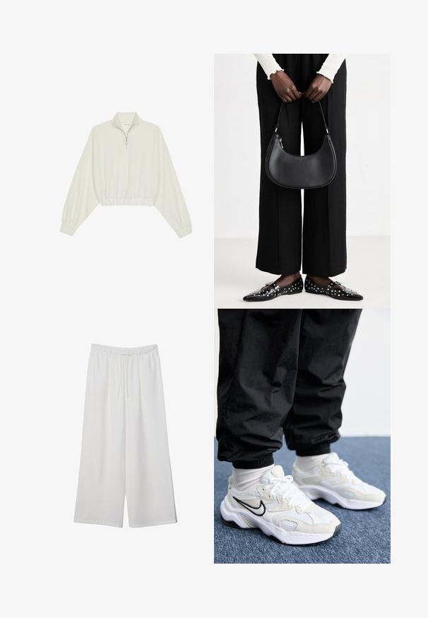 Skórzany pulower w kolorze kremowym, z wysokim kołnierzem, półzamkiem, elastycznym wykończeniem u dołu i mankietami, o gładkiej teksturze i minimalistycznym designie.; Białe szerokie spodnie wykonane z lekkiego materiału, z elastyczną talią i sznurkiem do regulacji fasonu. Gładka tekstura.; Białe i jasnoszare sneakersy sportowe z teksturowaną cholewką, grubą podeszwą i czarnym logo w kształcie łyżwy. Noszone z czarnymi spodniami dresowymi i białymi skarpetkami.; Czarna skórzana torba na ramię o zaokrąglonym kształcie, z połyskującym wykończeniem i srebrnymi akcentami. Osoba w czarnych spodniac wyszczuplających i znaczonymi loafersami.