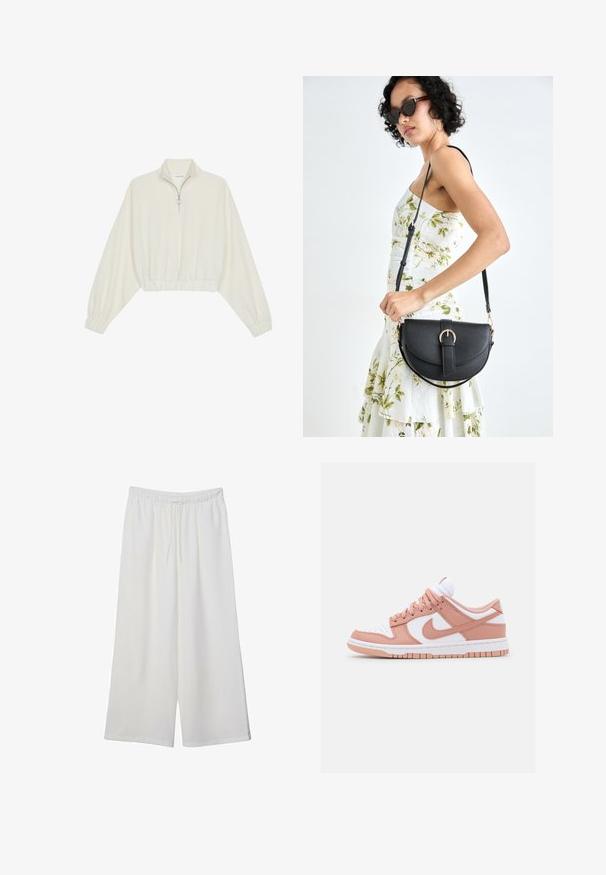 Pullover accorciato in tessuto crema, con colletto alto, chiusura a zip parziale, orlo e polsini elasticizzati, dalla texture liscia e design minimal.; Pantaloni bianchi a gamba larga realizzati in tessuto leggero, dotati di una vita elastica e di un cordino per una vestibilità regolabile. Texture liscia.; Sneaker con punta in pelle bianca, accenti in pelle rosa chiaro e suola testurizzata rosa e bianca. Presenta lacci e il logo Nike.; Borsa a tracolla nera in pelle con una forma curva, manico rimovibile e accessori dorati. La borsa presenta una patta con un dettaglio a fibbia.